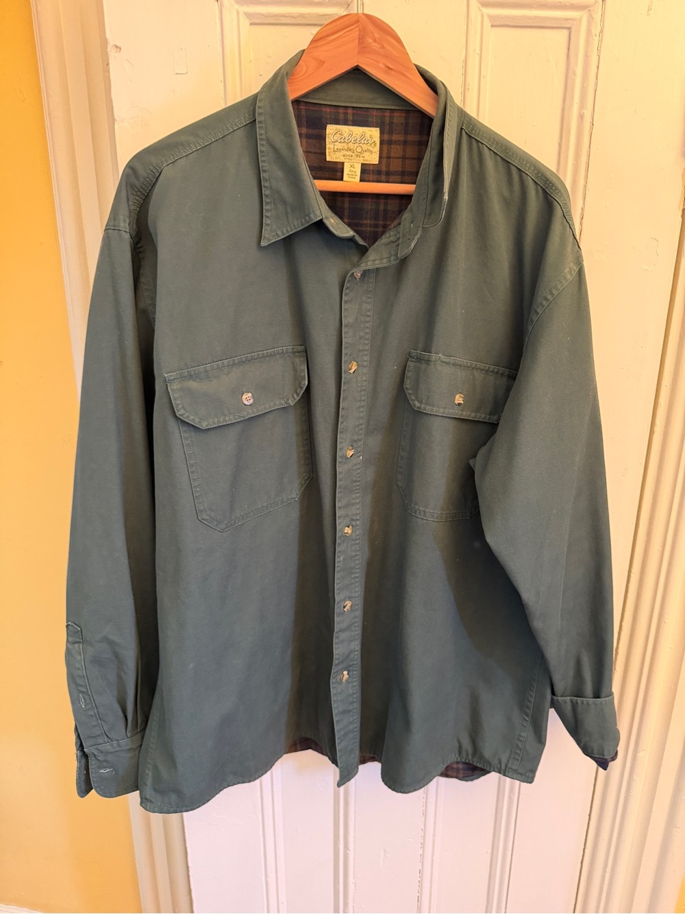 Cabela’s Chamois Cloth Shirt Mens XL Green Plaid Lined Heavy Cotton Button Up